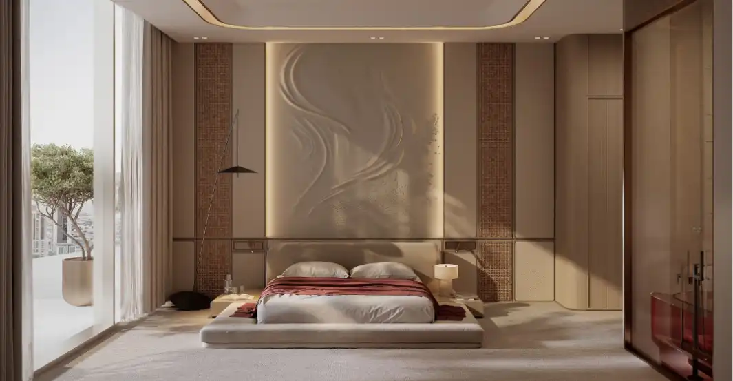 Modern apartment bedroom with city view and contemporary furnishing