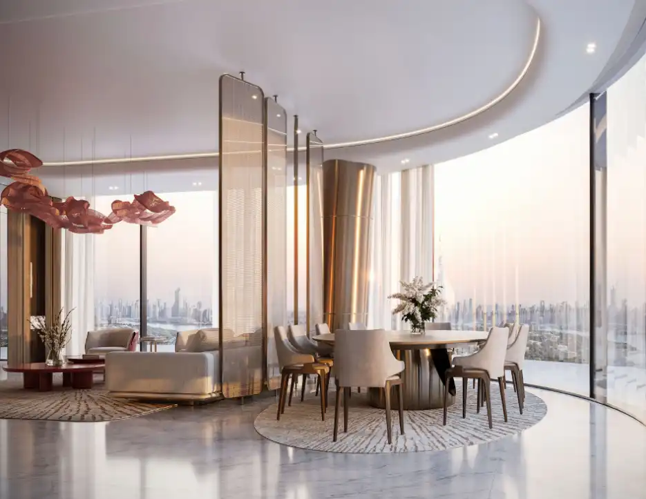 Spacious apartment balcony with outdoor furniture and panoramic views